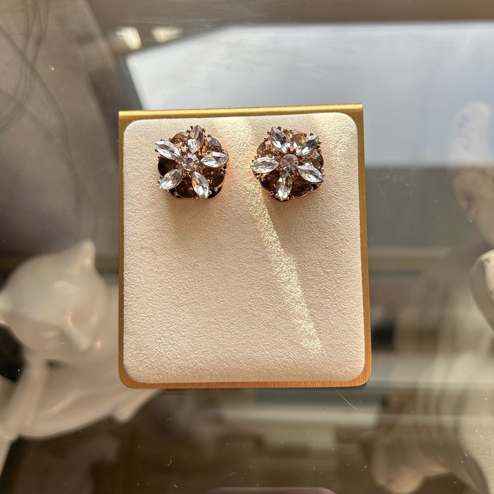 Kate Spade Clear Crystal Floral Stud Earrings with Rose Gold Setting.